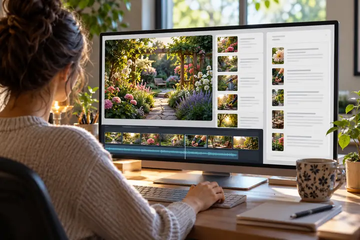 Une interface épurée de montage vidéo affichant une scène de jardin, des vignettes de scènes et un panneau de script bien organisé.