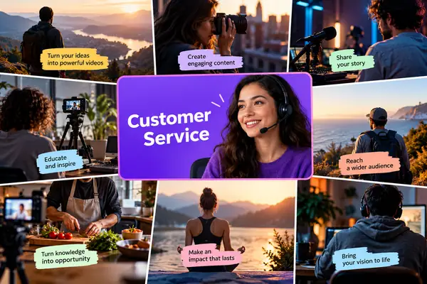 Un collage coloré de scènes vidéo professionnelles avec des personnes, des légendes pédagogiques et un titre violet bien visible sur le service client.