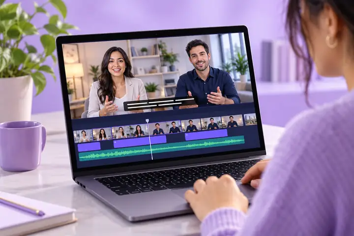 Un ordinateur portable affichant une vidéo d’entreprise modifiable, avec deux présentateurs, des sous-titres et des commandes de montage faciles à utiliser, sur fond lilas.