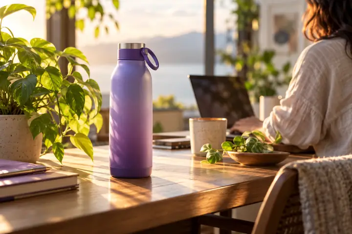 Une gourde réutilisable dans un décor de vidéo produit.