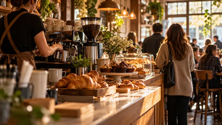 Un café de quartier dans un décor de vidéo pour les réseaux sociaux.