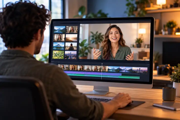 Un éditeur vidéo soigné affichant une présentatrice souriante, des vignettes de scènes et un espace de montage bien organisé.