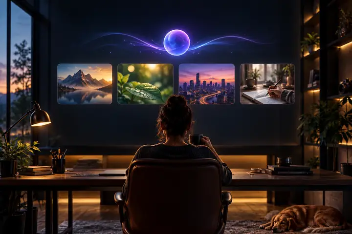 Une interface sombre et élégante d’assistant vidéo IA, avec un titre accueillant et quatre fiches discrètes pour démarrer une idée.