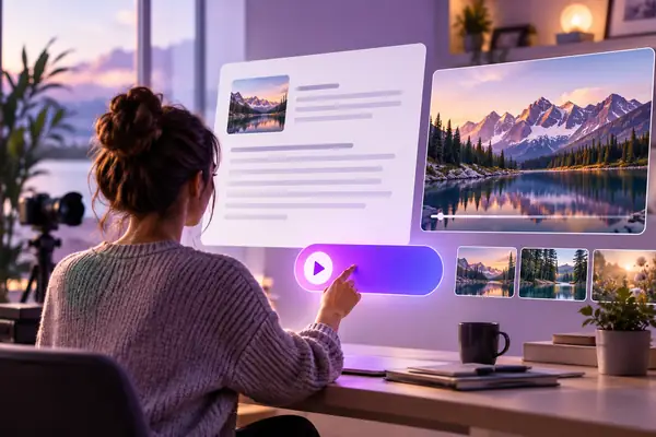 Une interface soignée de création vidéo sur fond lilas pâle, avec une fiche de script et une commande « Idée en vidéo » bien visible.