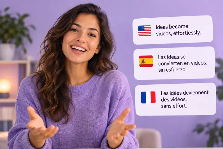 Une présentatrice souriante dans une image vidéo, à côté de trois fiches de sous-titres multilingues bien ordonnées, sur un fond lavande doux.