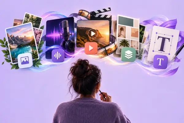 Un menu multimédia clair dans un éditeur de création, avec des options pour les images, l’audio, la vidéo, les modèles et le texte, sur fond lavande pâle.