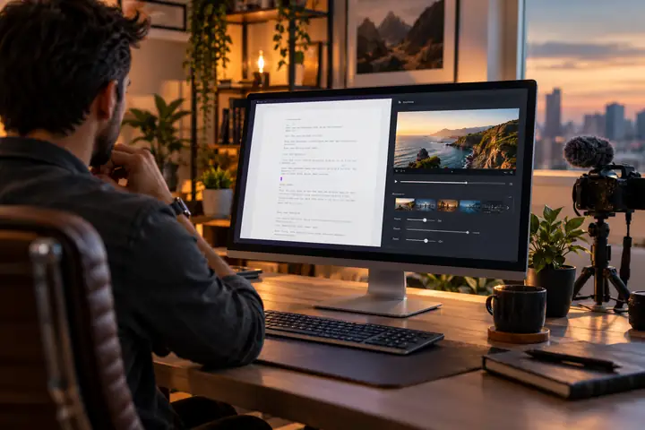 Une interface professionnelle de rédaction de scripts, avec un document central et des commandes simples de configuration vidéo.
