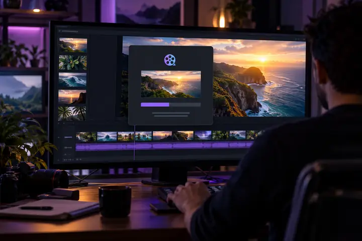 Un éditeur vidéo professionnel avec un panneau d’exportation centré et un aperçu vidéo clairement visible à l’arrière-plan.