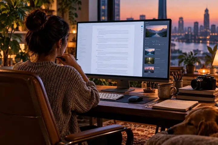 Une interface de rédaction de scripts épurée, avec un long document central et des paramètres de scène compacts à droite.