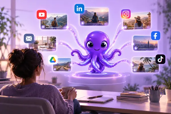 Une illustration soignée d’une plateforme violette de création vidéo reliée à des canaux familiers de publication et de travail, sur fond lilas pâle.