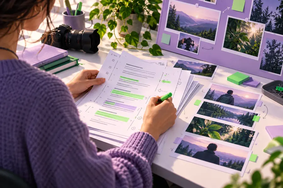 Illustration of a video script being prepared before scene review