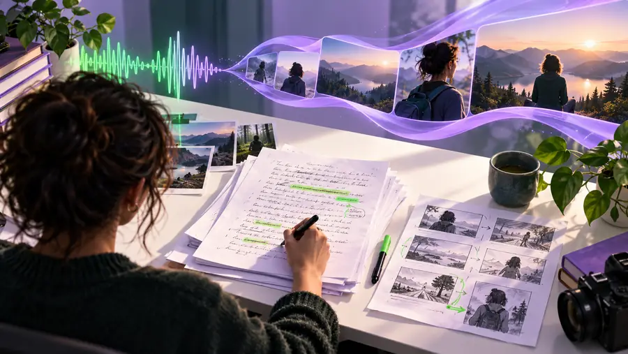 Illustration of a written script being prepared for a video